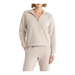 Quilted Textured Pullover Quarter-Zip Sweatshirt. Ivory. Small. NWT.